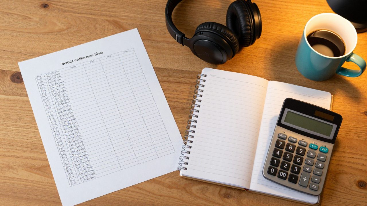 Bureau met tracklist, koptelefoon en notities voor mixplanning.