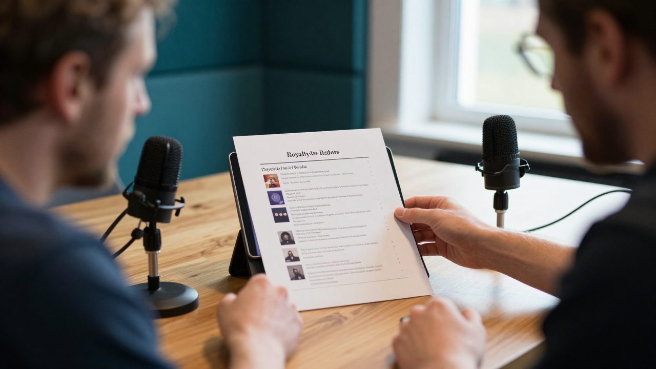 Podcasters bespreken muziekkeuze aan tafel met microfoons.