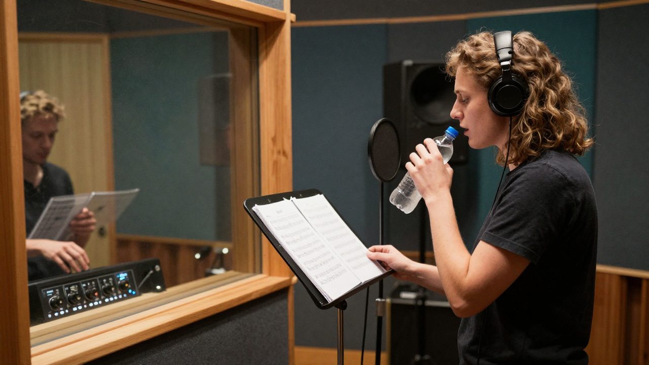Zangeres warmt op met water en tekst in vocal booth.