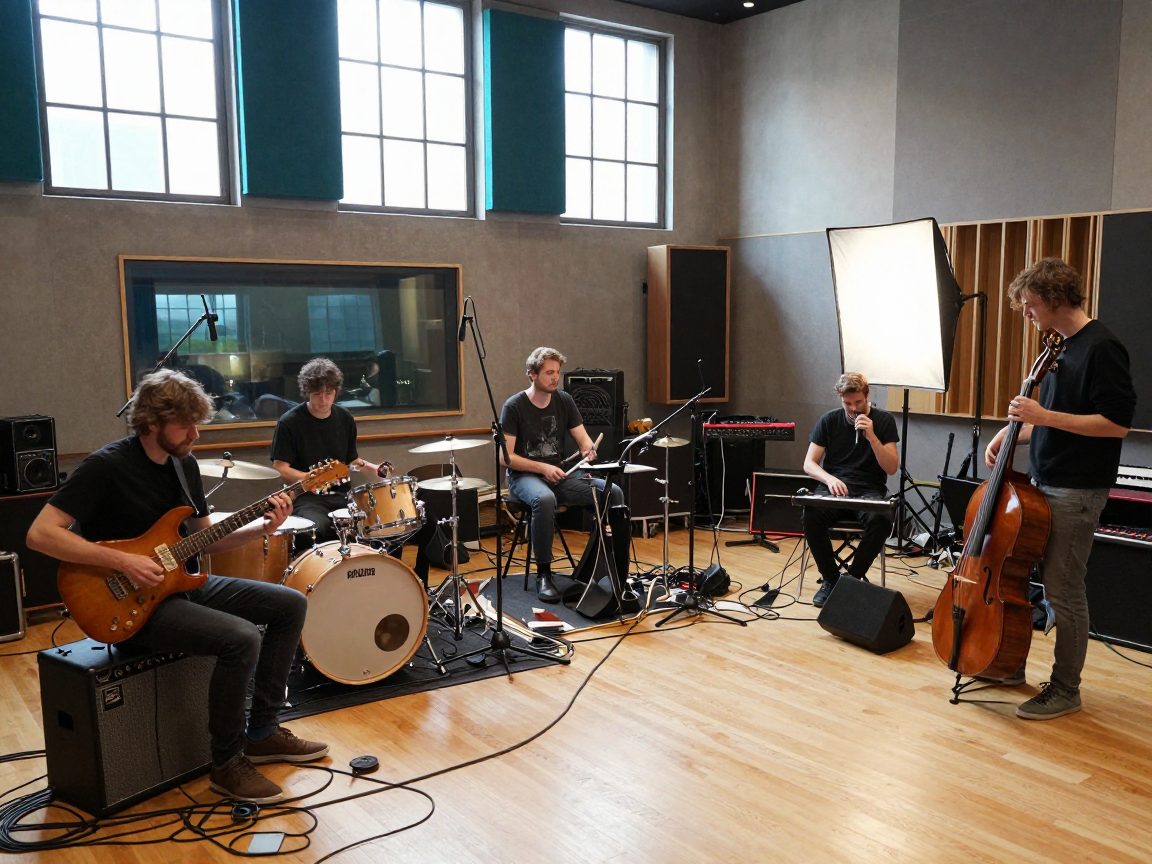 Band speelt live in studio met drums, gitaar en zangmicrofoon.