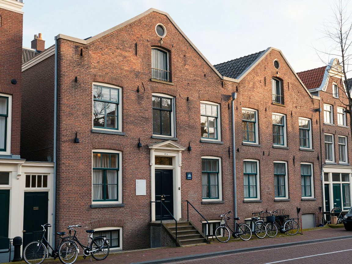 Bakstenen pakhuis met ingang aan Amsterdamse grachtstraat.