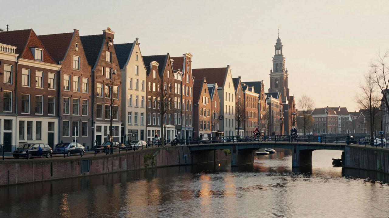 Amsterdamse pakhuizen en gracht met fietser op brug.