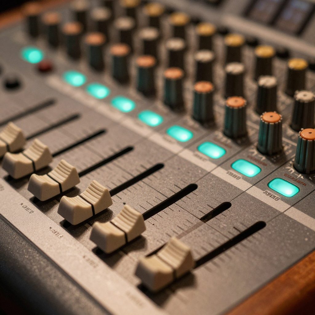 Close-up van faders en knoppen op analoge mengtafel.