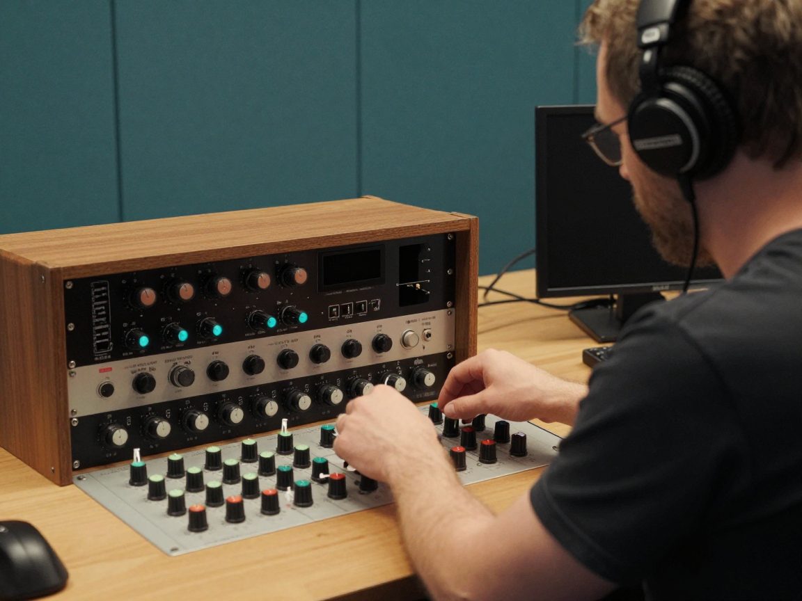 Mastering-engineer met koptelefoon en outboard-apparatuur.