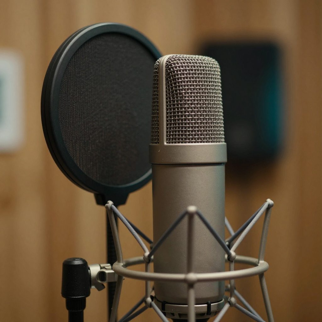 Close-up van studiomicrofoon met popfilter in booth.