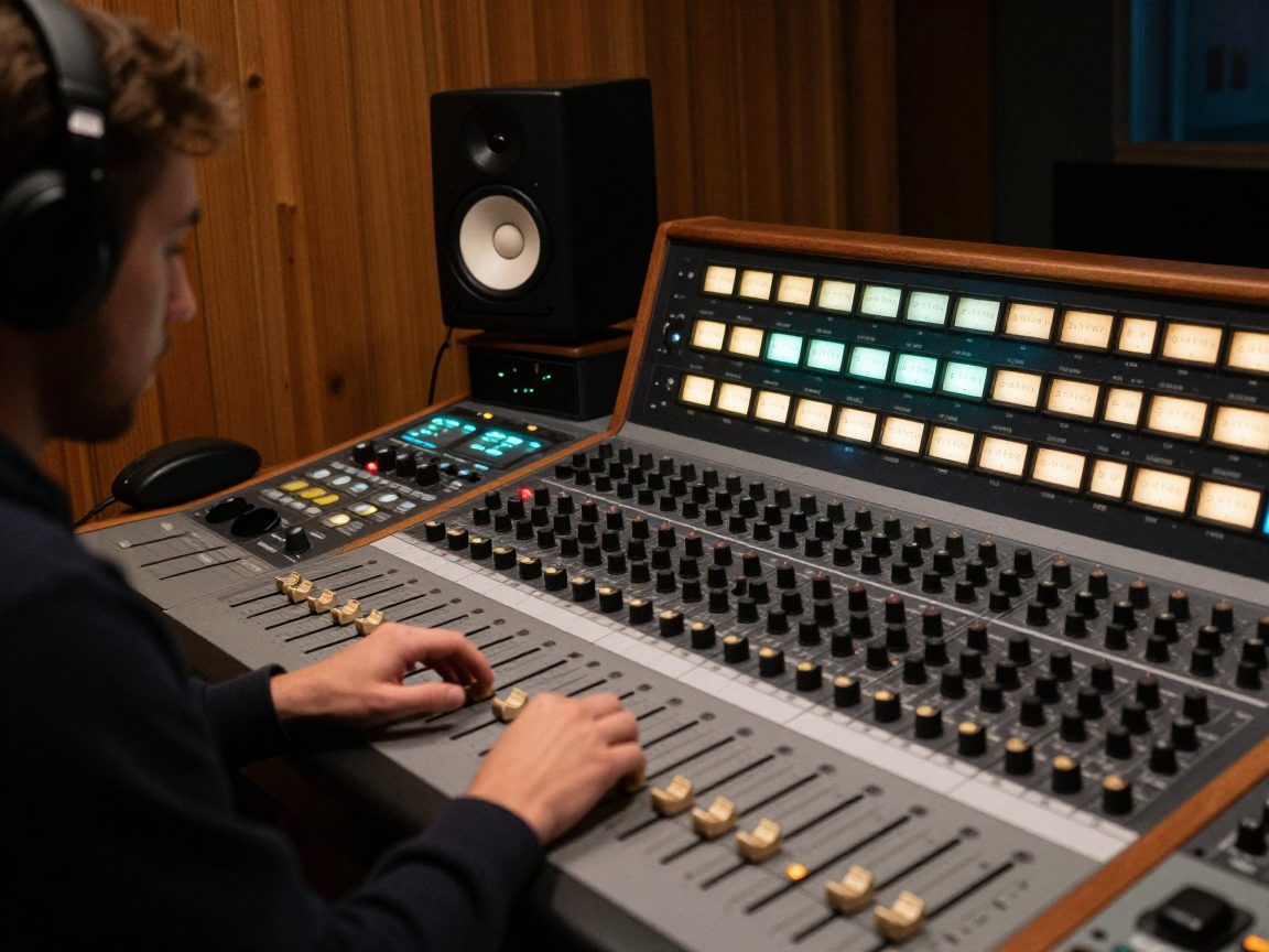 Mix-engineer aan mengtafel met monitors in schemerlicht.