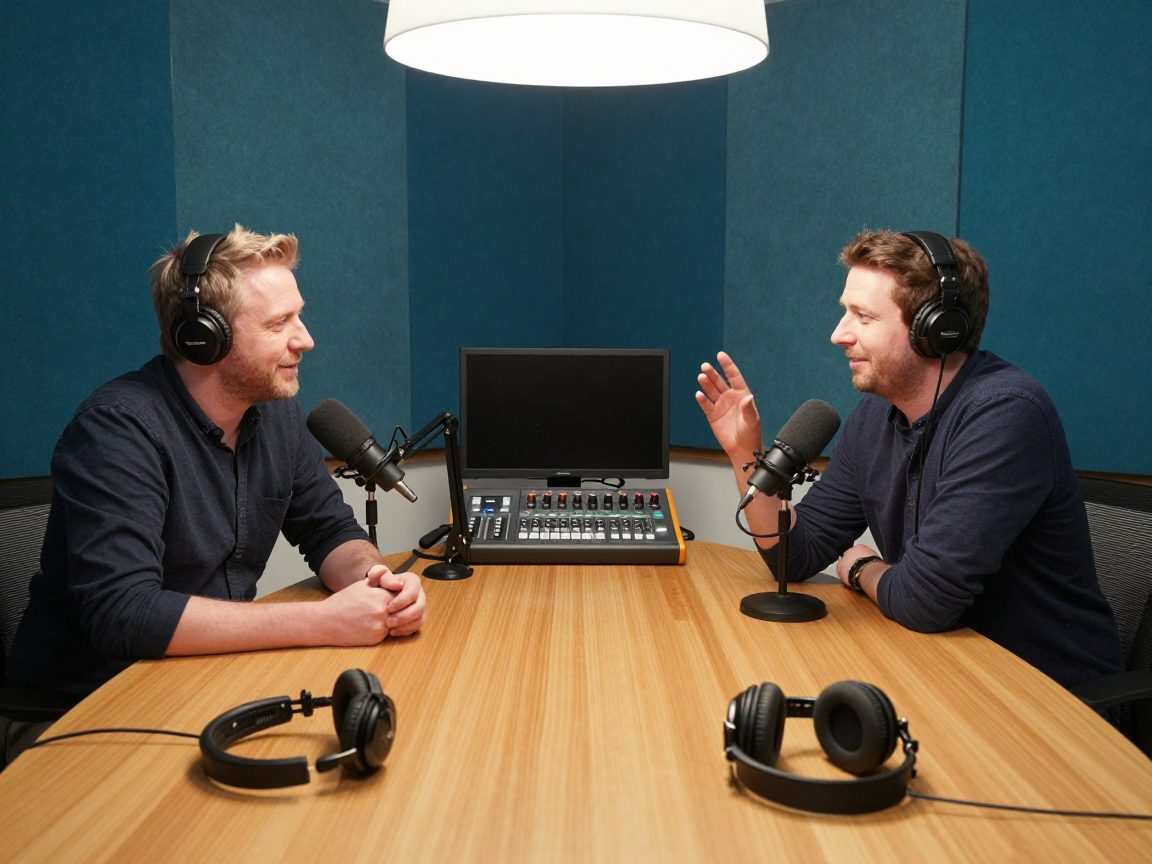 Twee podcasters aan tafel met microfoons en koptelefoons.