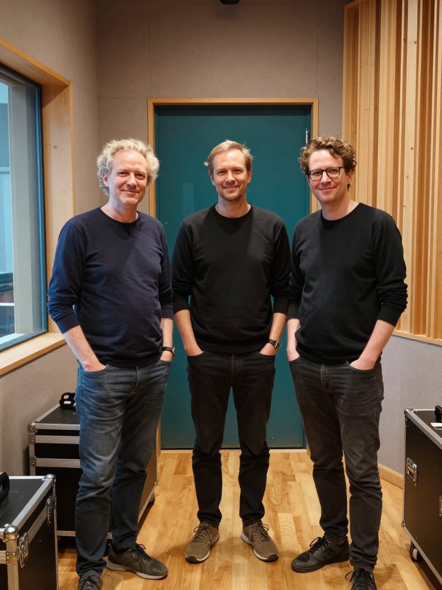 Drie teamleden in gang van opnamestudio met houten wand.