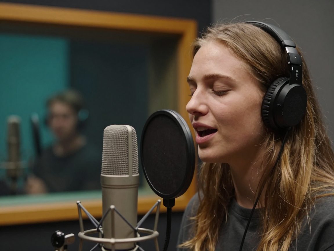 Artiest zingt in vocal booth met engineer achter glas.